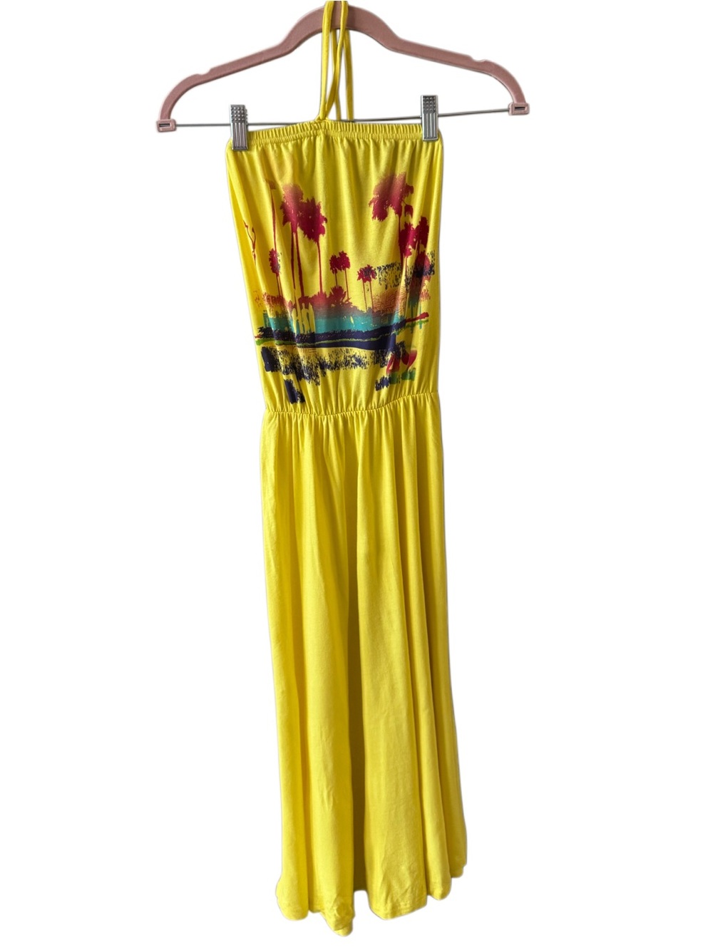 Yellow Halter Palm-Print Maxi Dress with Elastic Waistband